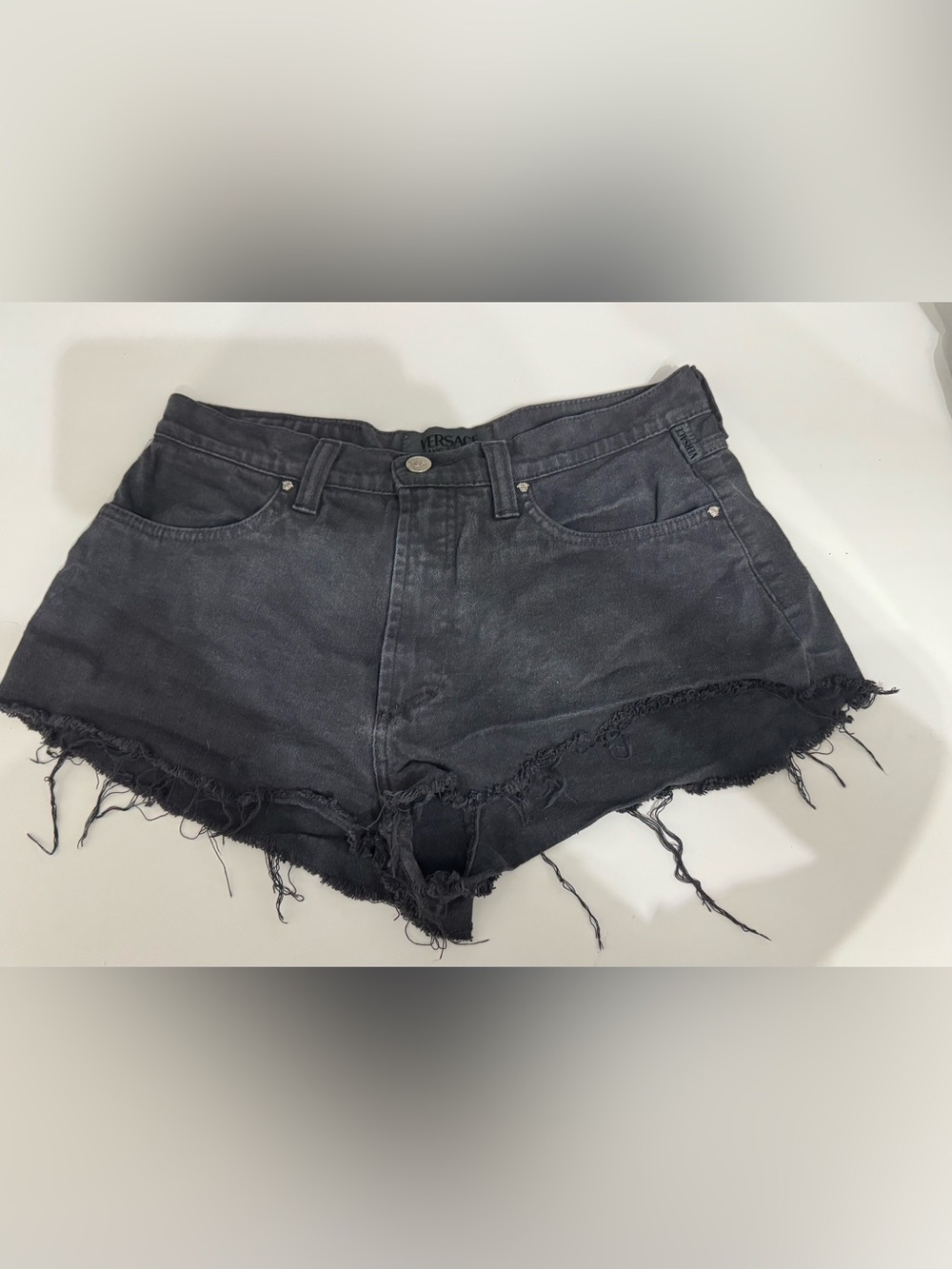 Versace Black Frayed High-Rise Denim Shorts